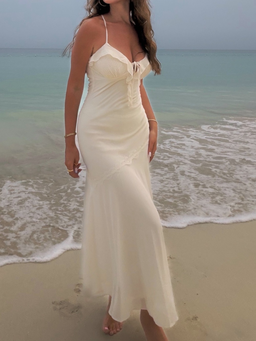 Lace-Trim Satin Slip Dress in Cream - Picture 7 of 7